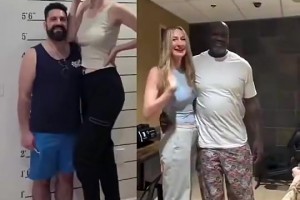 咋还上手了？奥尼尔和世界最高职业女模特叶卡捷琳娜·利西娜见面